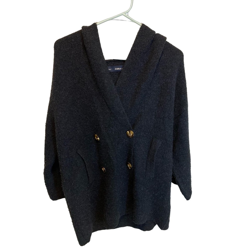 Zara Knit Hooded Oversized Button Front Navy Blue Tunic Style Cardigan Sweater M